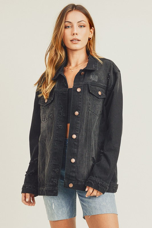 RISEN Distressed Cotton Denim Jean Jacket Long Sleeve Black Button-up Collar
