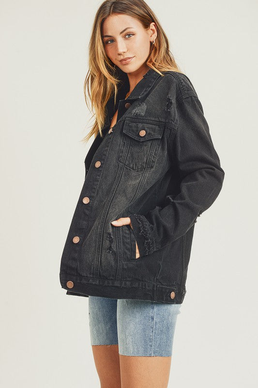 RISEN Distressed Cotton Denim Jean Jacket Long Sleeve Black Button-up Collar