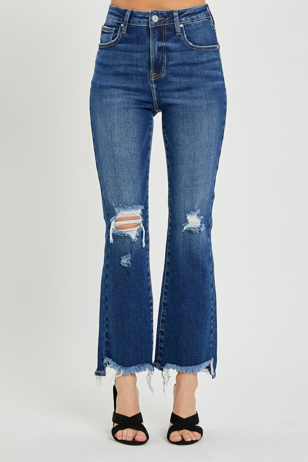 RISEN Slim High-Rise Waist Jeans Distressed Torn Cut-Off Cropped Denim Pants