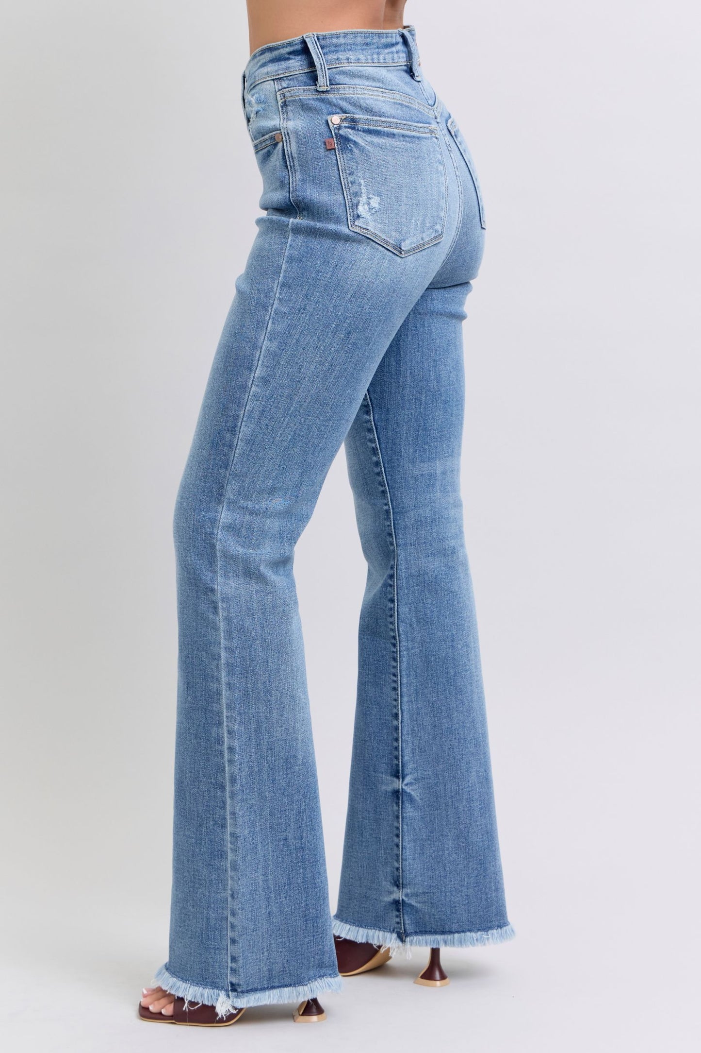 Judy Blue High-Rise Waist Bootcut Jeans Distressed Raw Hem Boyfriend Denim Pants