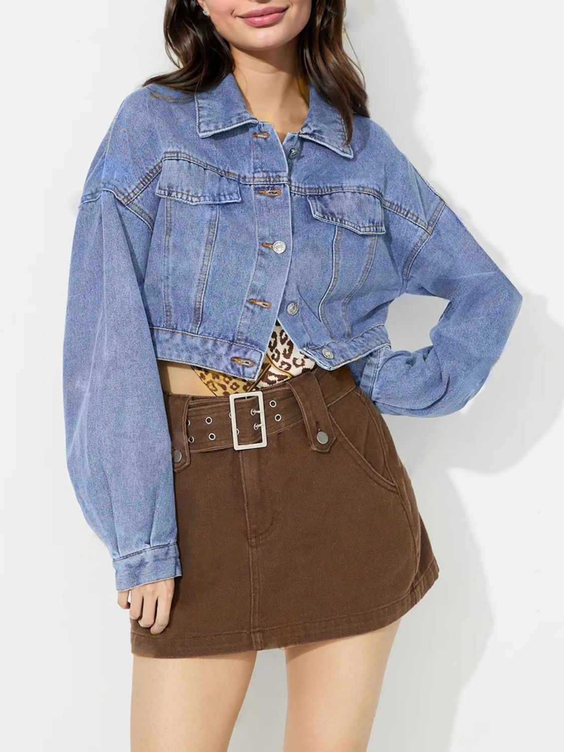 Classic Cropped 90s Retro Button Front Denim Collar Long Sleeve Blue Jean Jacket