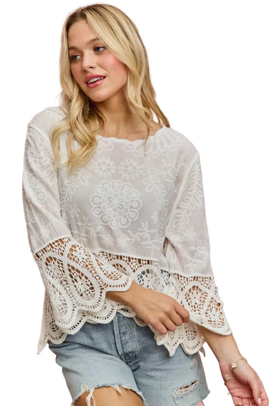 SO ME Floral Embroidered Crochet Lace Trim Top Bell Sleeves Scallop Cotton Blouse Off-white