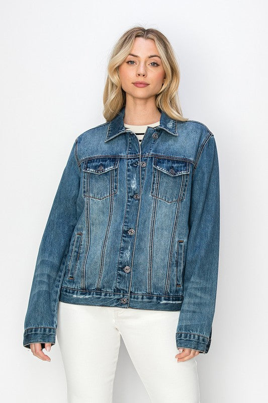 RISEN Distressed Cotton Denim Jacket Blue Jean Long Sleeve Button-up Collar Casual