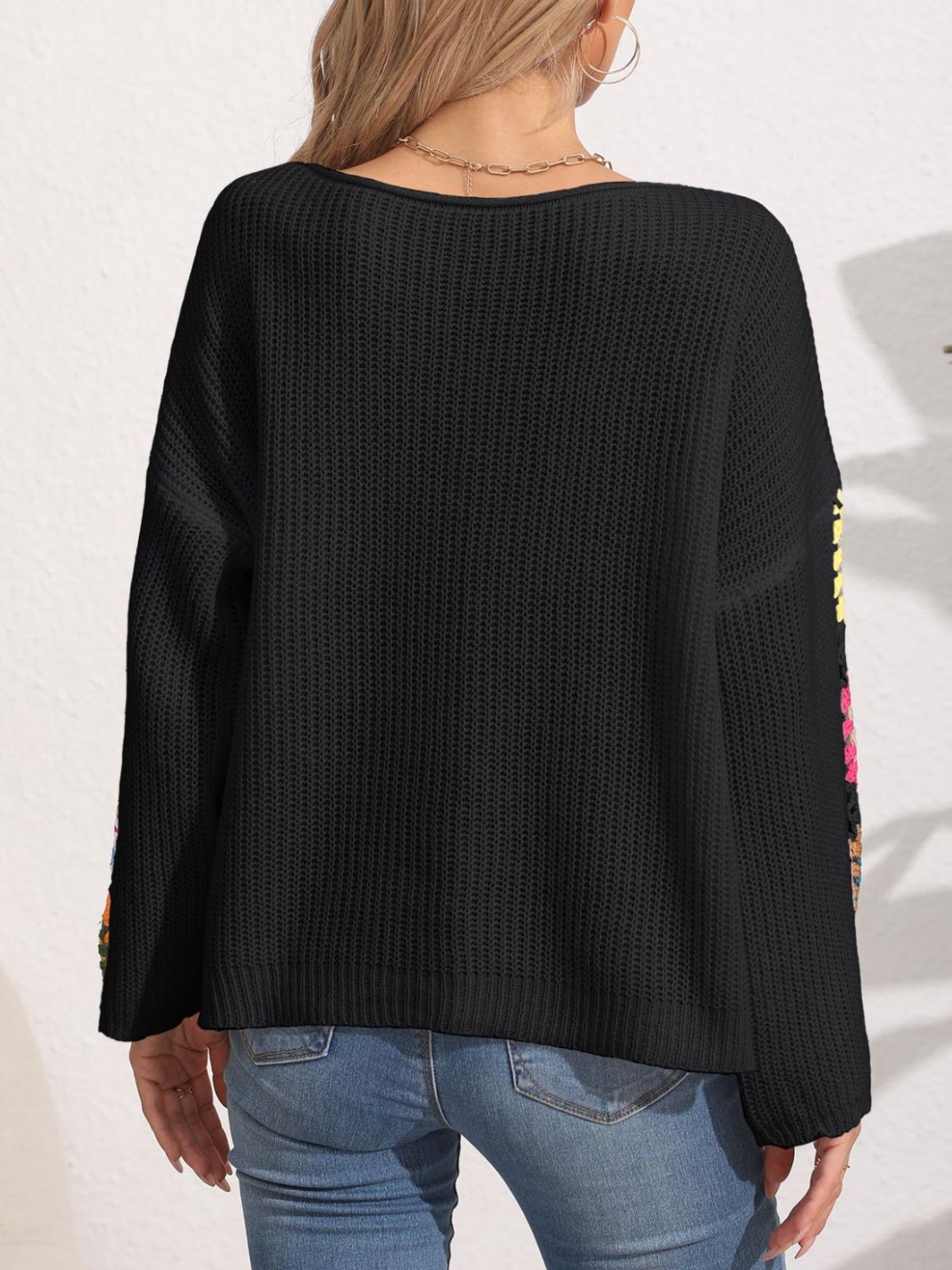 Colorful Crochet Flower Bohemian Long Sleeve Waffle Knit Shirt Oversized Retro Top