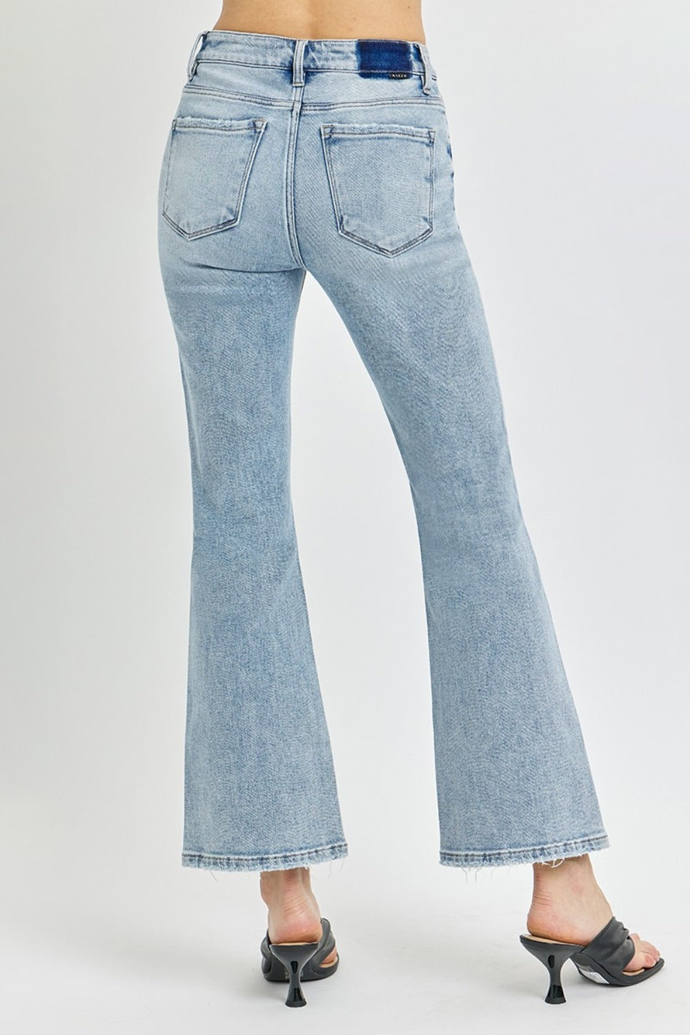 RISEN High-Rise Waist Slim Pants Wide Ankle Flare Hem Retro Denim Blue Jeans