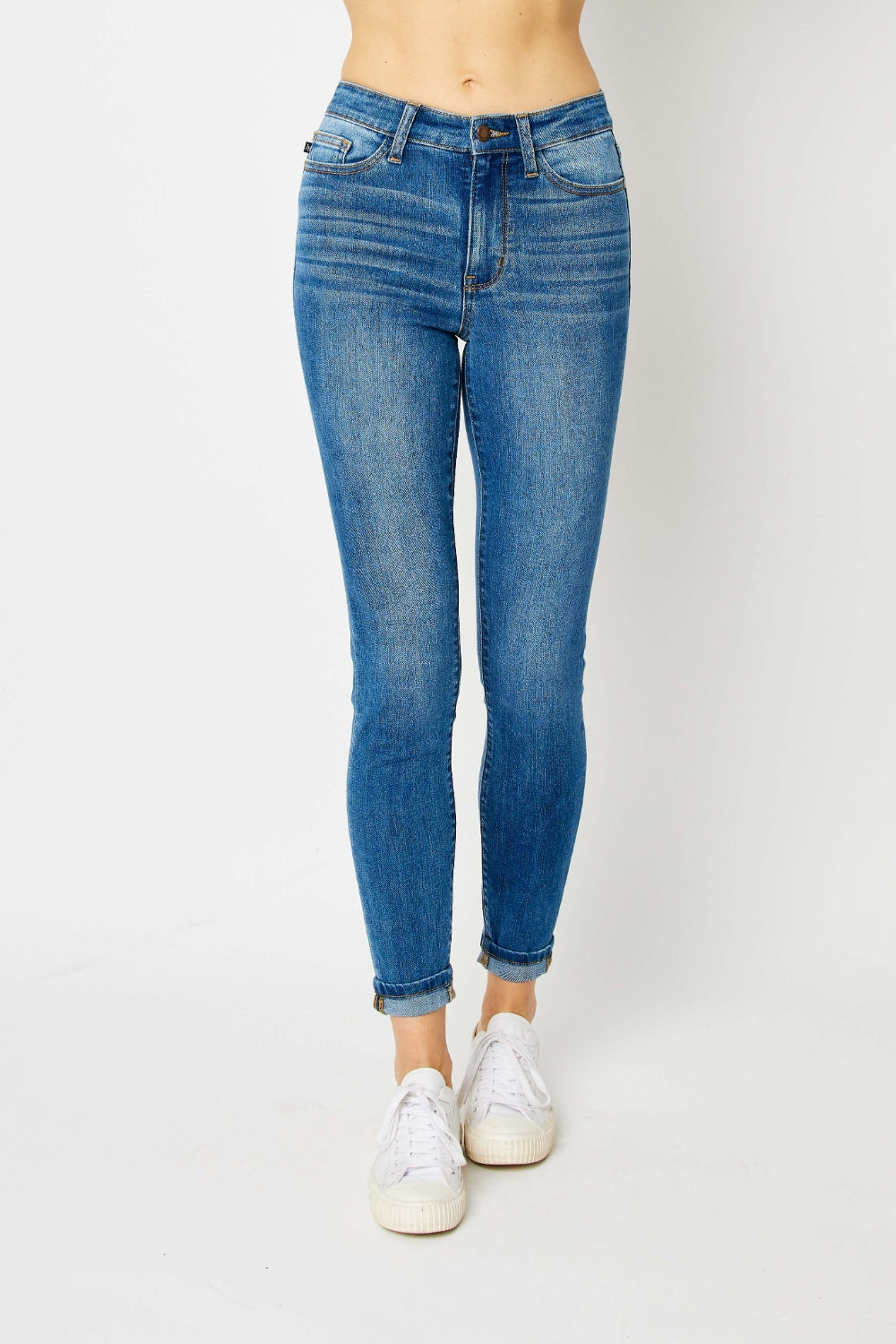 Skinny Stretch Slim Mid-Rise Denim Pants Cuffed Hem Judy Blue Jeans
