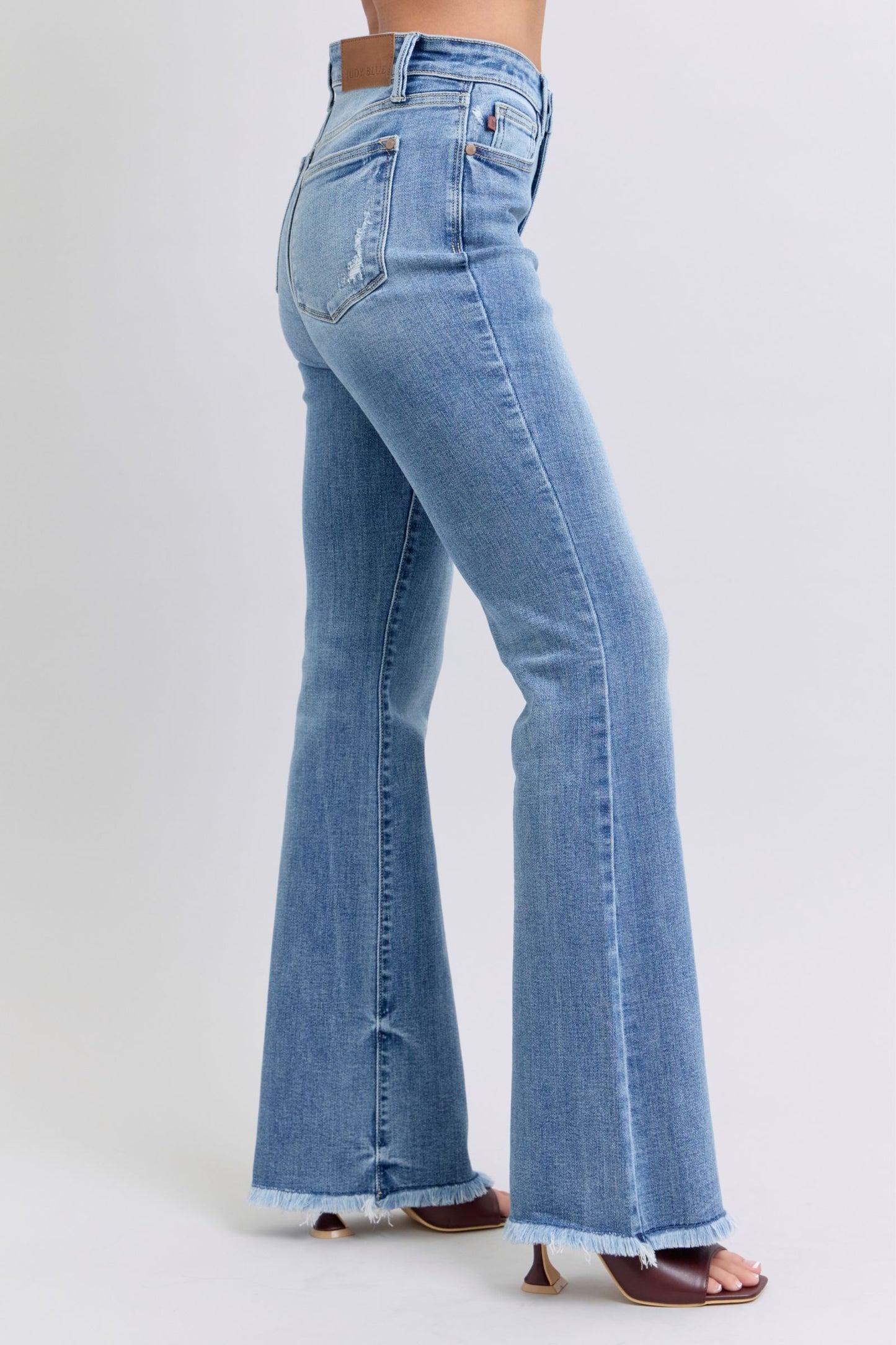 Judy Blue High-Rise Waist Bootcut Jeans Distressed Raw Hem Boyfriend Denim Pants