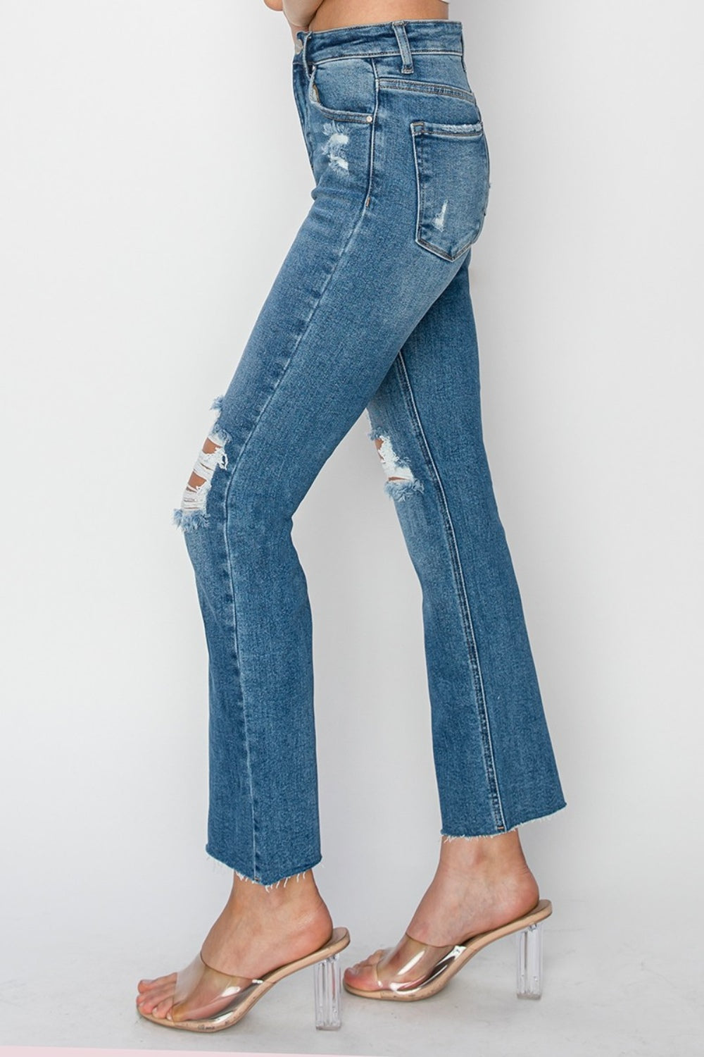 RISEN High-Rise Straight Leg Distressed Ankle Frayed Raw Hem Jeans Denim Pants