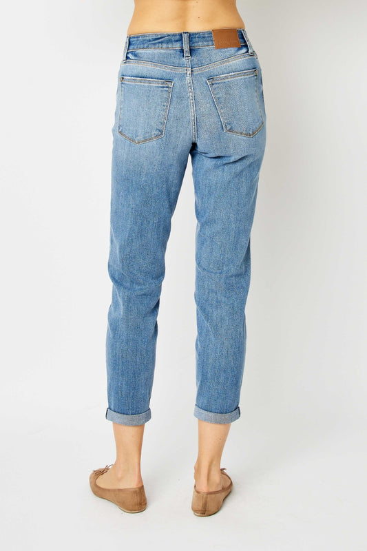 Slim Leg Mid-Rise Stretch Denim Pants Cropped Cuff Hem Mom Jeans Judy Blue