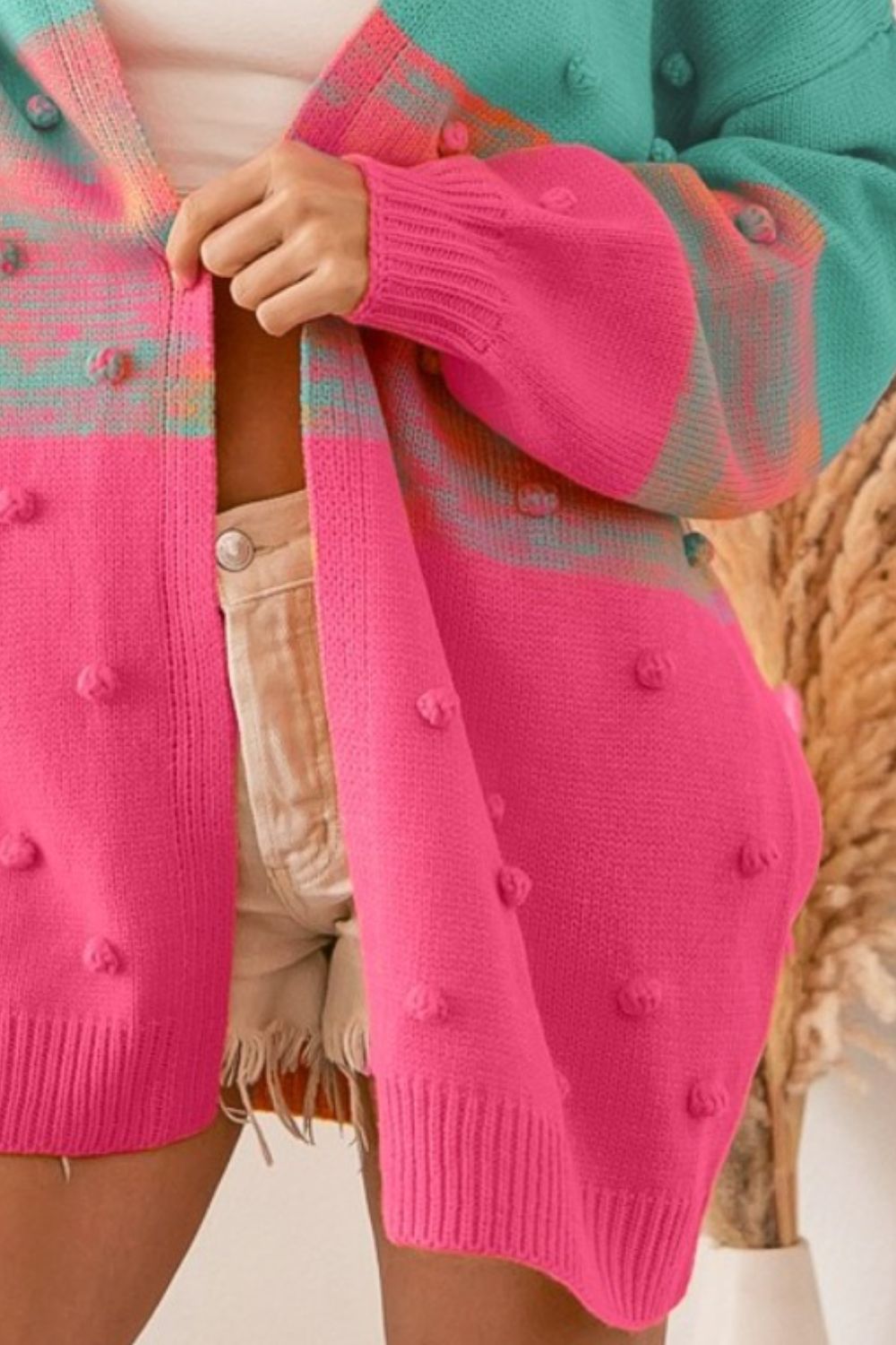 BiBi Puff 3D Pom-pom Oversized Knit Long Cardigan Colorful Colorblock Ombre