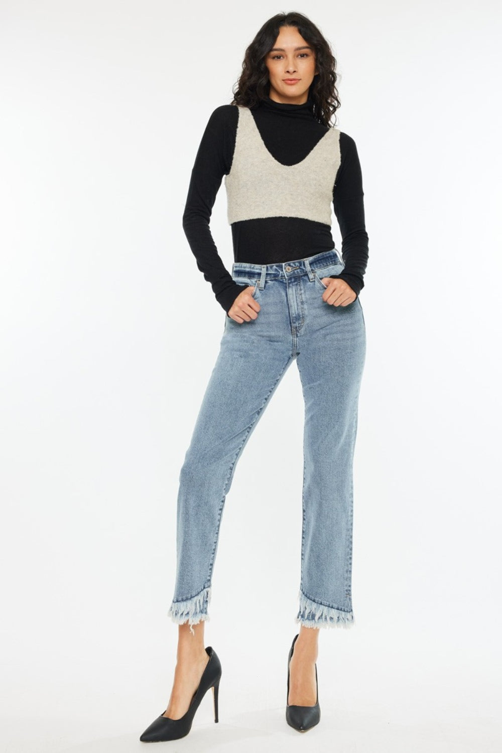 KanCan High-Rise Straight Leg Frayed Fringe Double Raw Hem Jeans Denim Pants