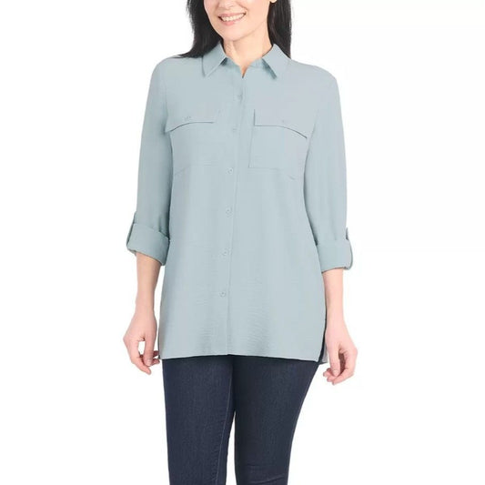 Hilary Radley Woman's Button-up Shirt Pocket Top Roll Tab Long Sleeve Shacket