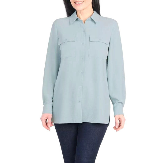 Hilary Radley Woman's Button-up Shirt Pocket Top Roll Tab Long Sleeve Shacket