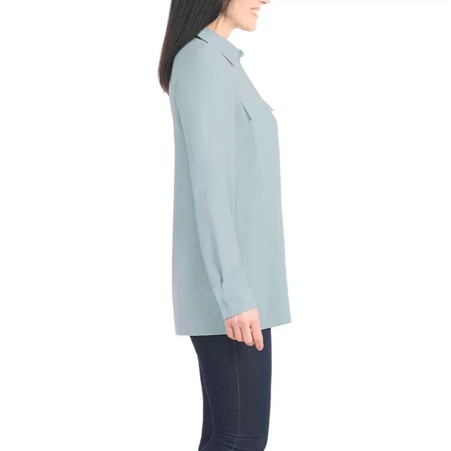 Hilary Radley Woman's Button-up Shirt Pocket Top Roll Tab Long Sleeve Shacket