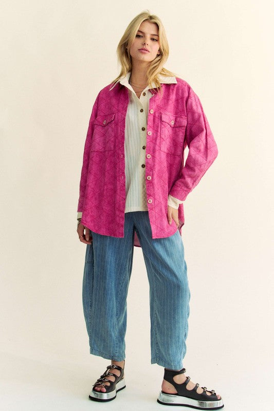 Davi & Dani Denim Shacket Diamond Quilt Stitching High Low Oversized Jean Shirt Jacket