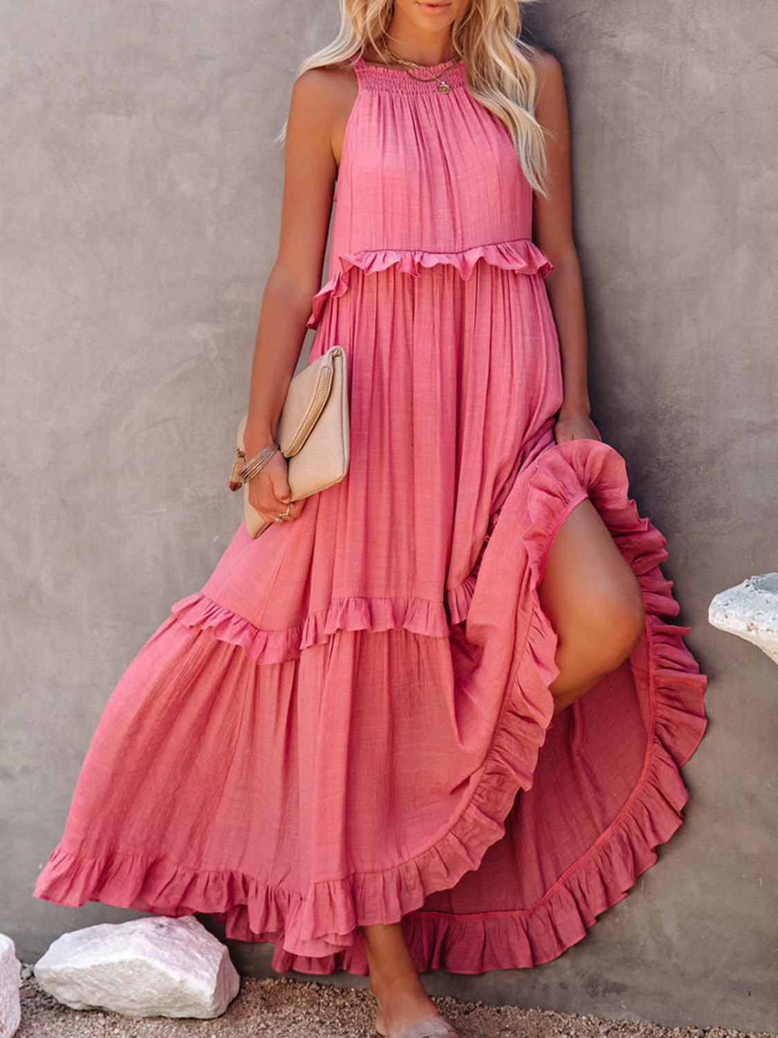 Ruffle Sleeveless Grecian Tie Back Tiered Summer Side Pocket Oversized High-Low Maxi Dress