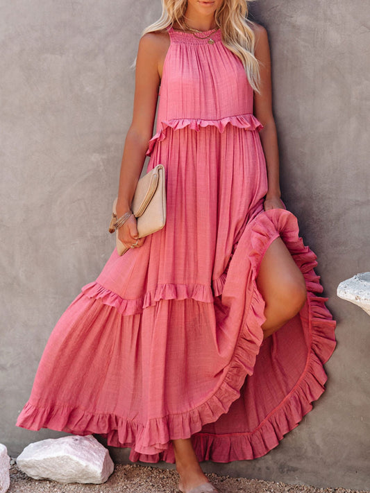Ruffle Sleeveless Grecian Tie Back Tiered Summer Side Pocket Oversized High-Low Maxi Dress