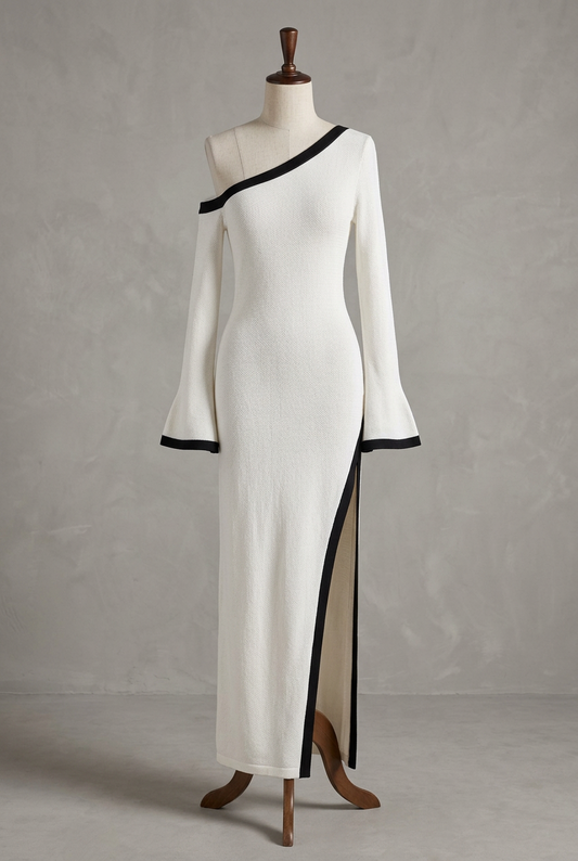 Asymmetric One Shoulder Contrast High Slit Maxi Dress Long Bell Sleeve Knit Bodycon