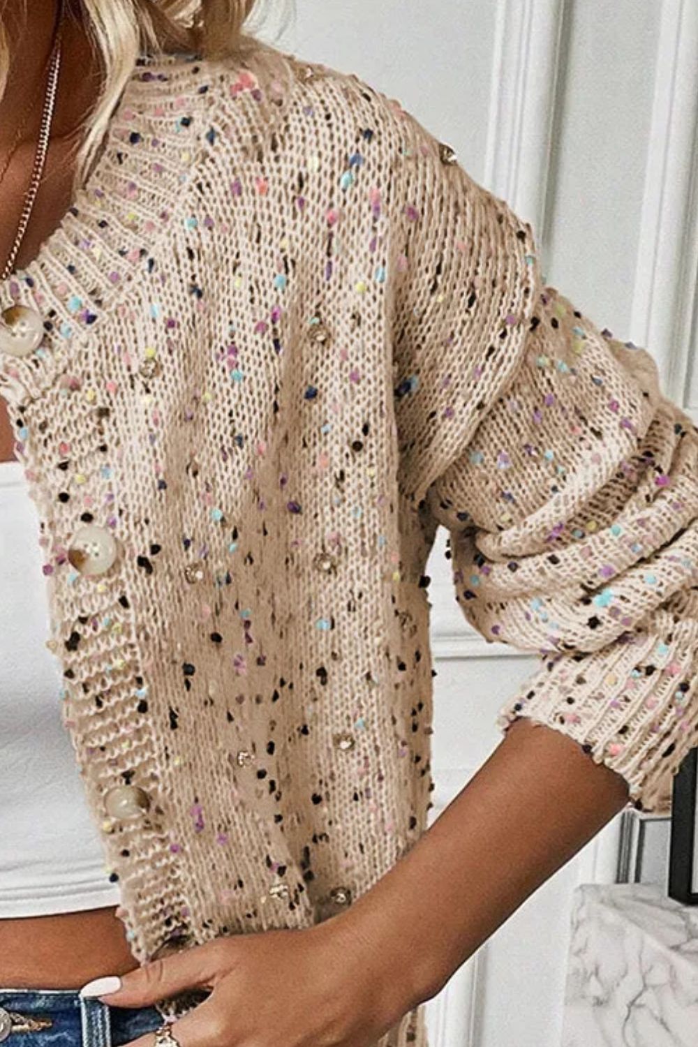 Colorful Popcorn Confetti Knit Cardigan Long Sleeve Round Neck Button-Up Sweater