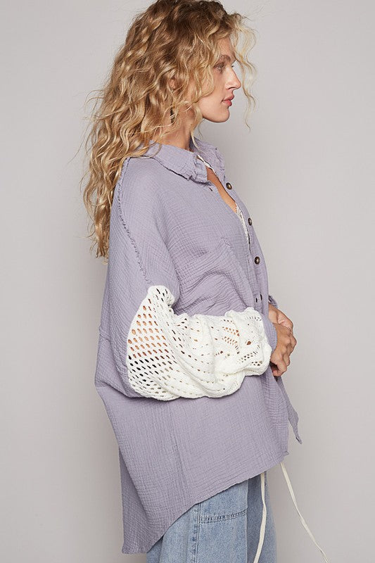 POL Crochet Patchwork Oversized Button-Up Blouse Long Sleeve High-low Gauze Shirt