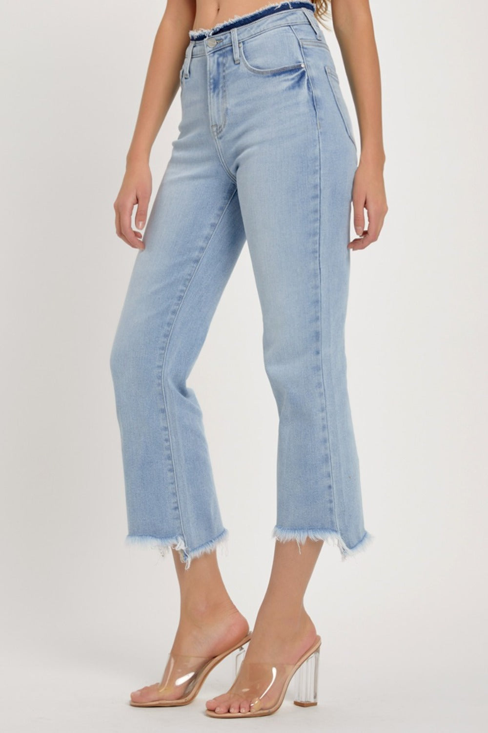 RISEN Slim High-Rise Waist Jeans Distressed Torn Cut-Off Cropped Denim Pants