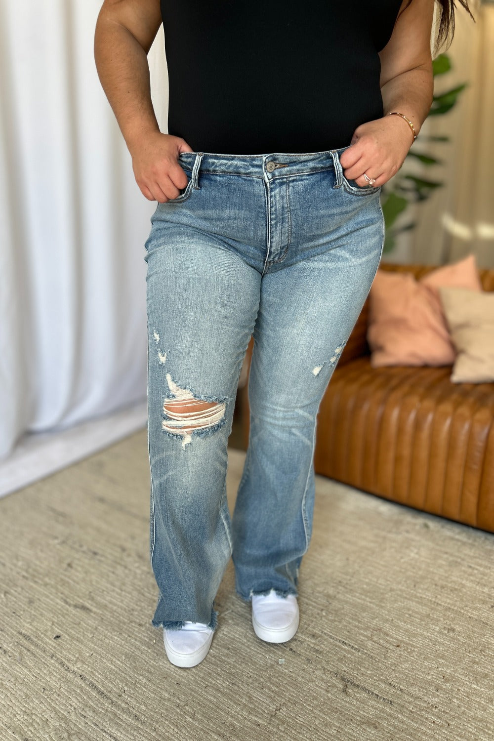 Judy Blue Mid-Rise Tummy Control Jeans Flare Hem Retro Distressed Denim Pants