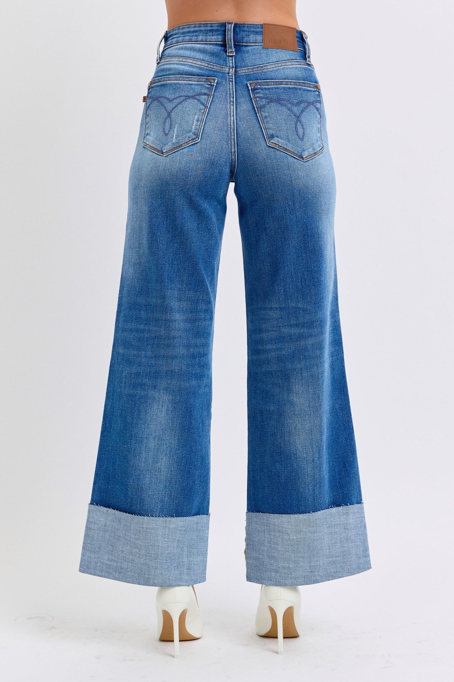 Judy Blue High-Rise Boyfriend Jeans Ultra Wide Leg Cuff Raw Hem Denim Pants