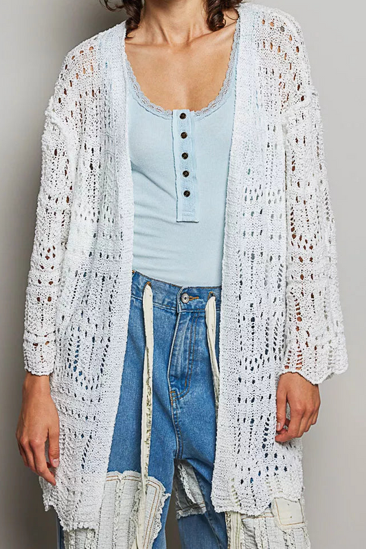 POL Scalloped Edge Retro Openwork Cottage Granny Knit Longline Slouchy Cardigan Off-white