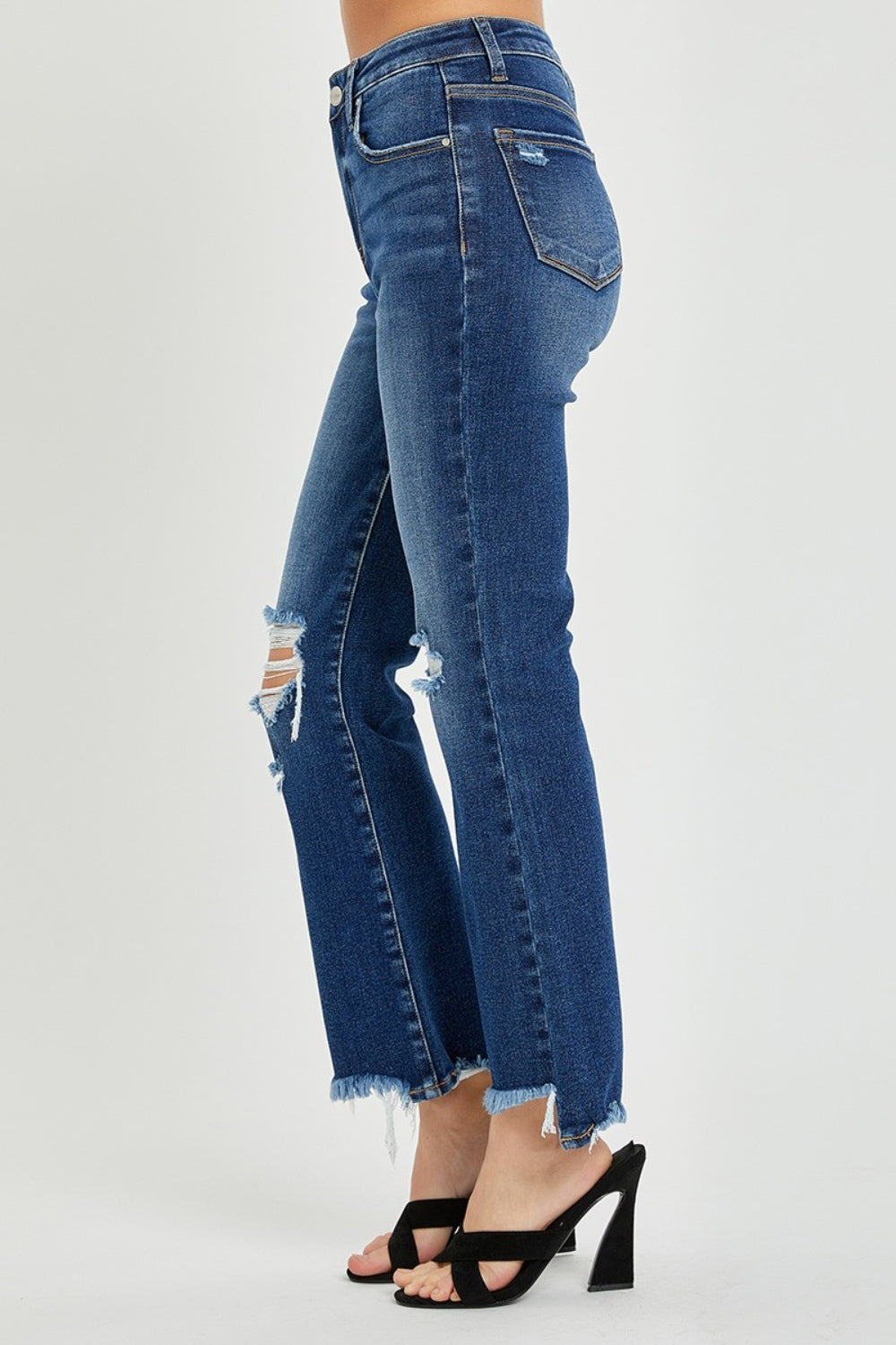 RISEN Slim High-Rise Waist Jeans Distressed Torn Cut-Off Cropped Denim Pants