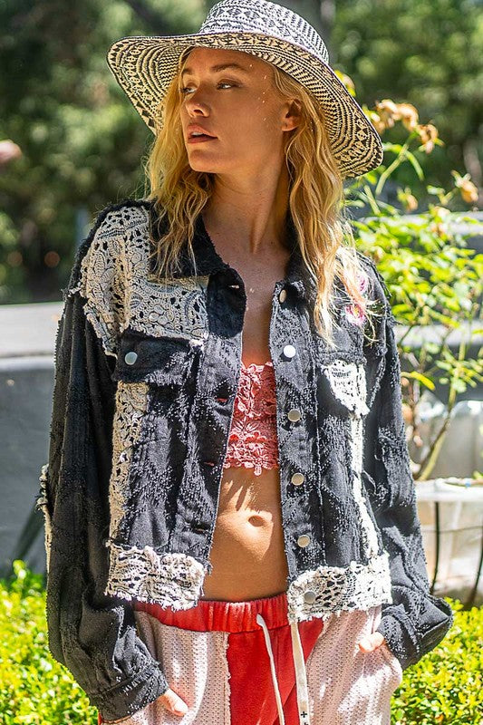 POL Peace Embroidered Floral Crochet Knit Frayed Patchwork Boho Button-up Jacket