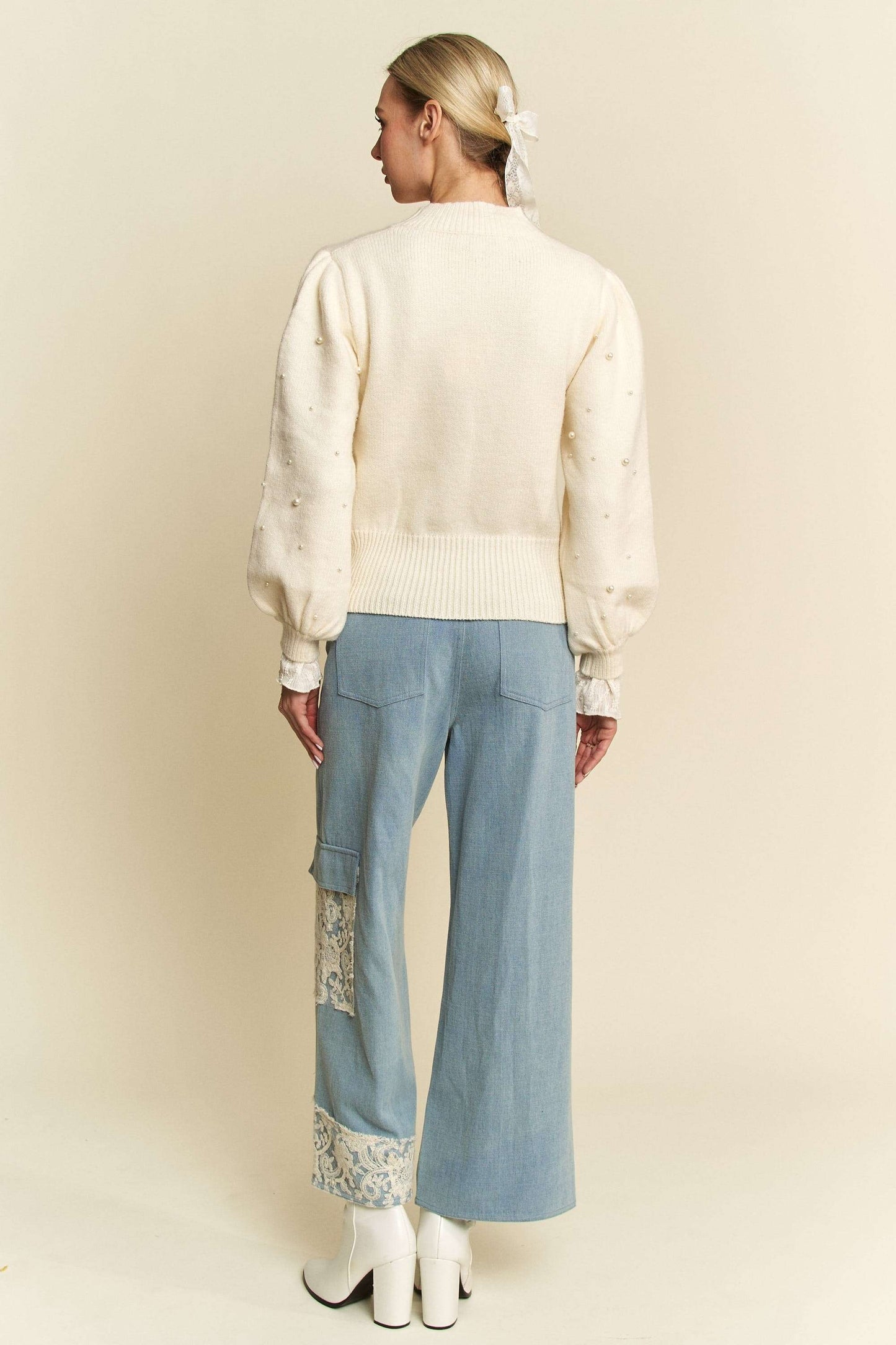Davi & Dani Jeans Lace Cargo Patchwork High-Rise Relaxed Wide Leg Denim Pants