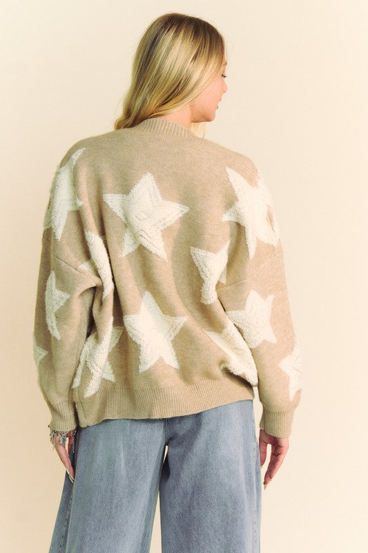DAVI & DANI Teddy Fuzzy Sherpa Star Knit Cardigan Long Sleeve Oversized Button Sweater