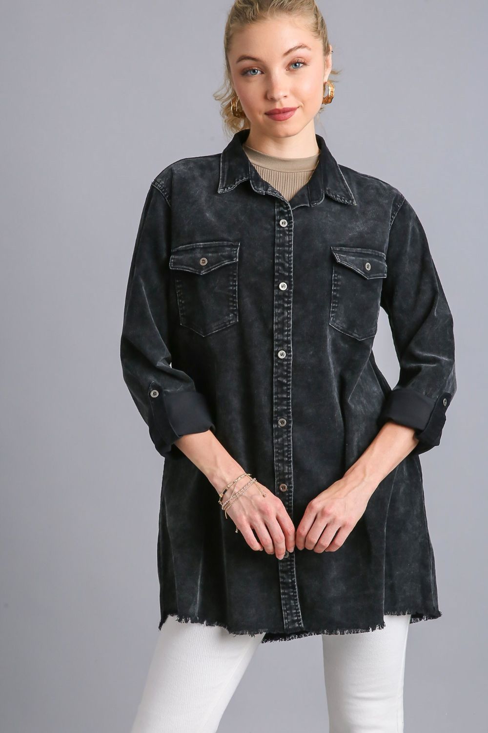 Umgee Denim Shacket Pocket Raw Hem Oversized Boyfriend Button Jean Shirt Jacket