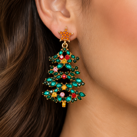 18K Gold Plated Rhinestone Christmas Tree Dangle Earrings Star Holiday Jewelry