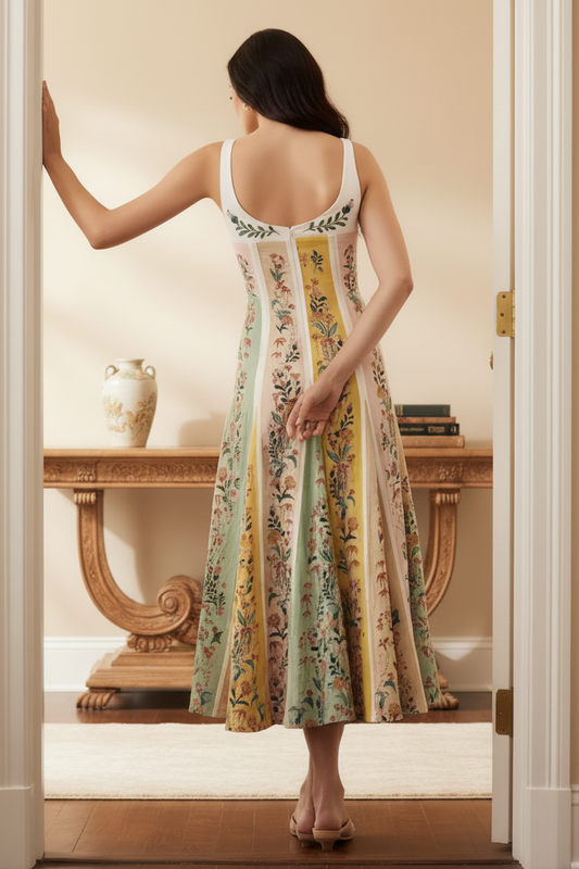Cotton Blend Retro Floral Panel Boho Sweetheart Neck Panel Patchwork Maxi Dress