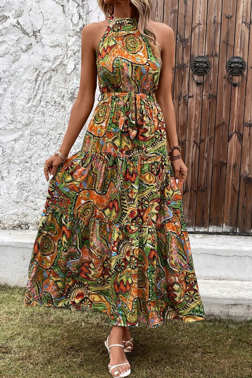 Grecian High-Neck Tie Belt Sleeveless Bold Colorful Tiered Maxi Summer Dress