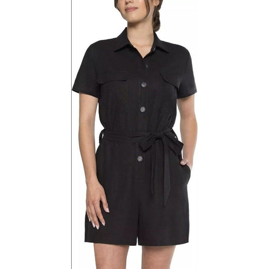 Matty M Women's Linen Blend Button Front Shorts Romper Breathable Black One-piece