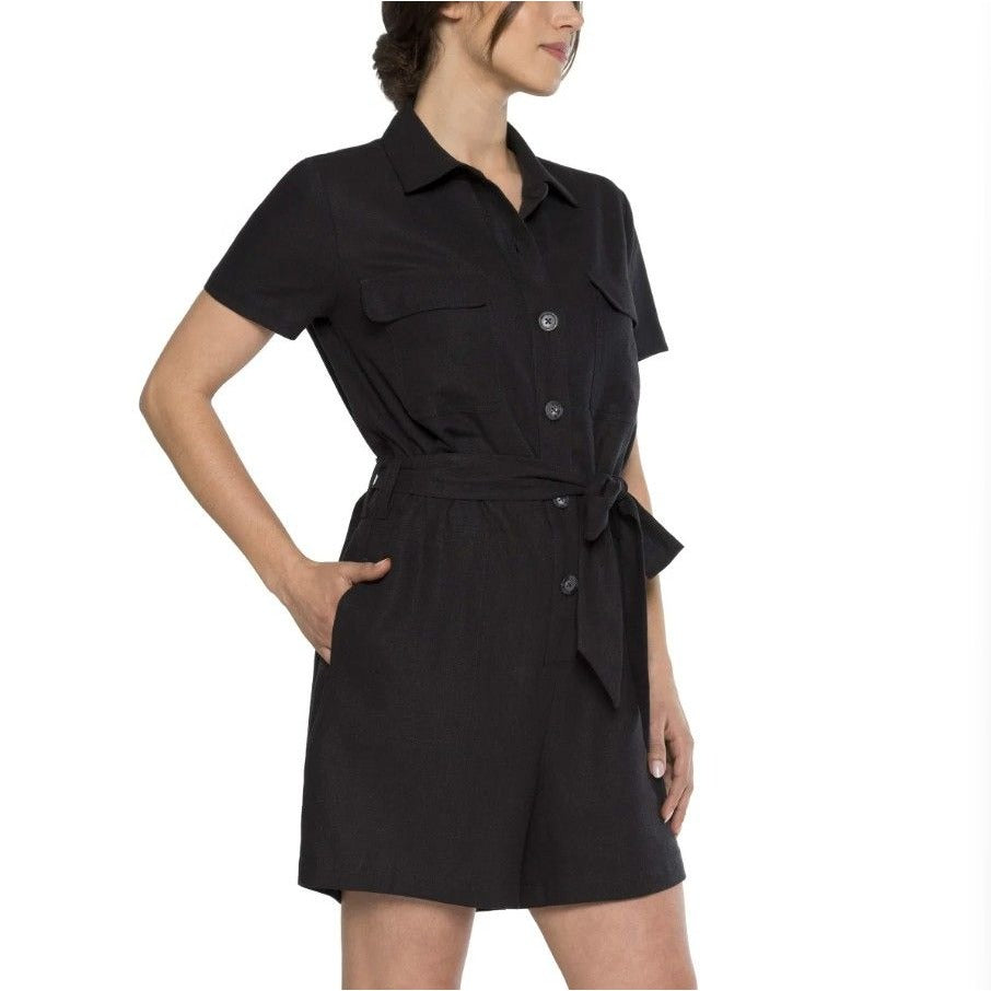 Matty M Women's Linen Blend Button Front Shorts Romper Breathable Black One-piece