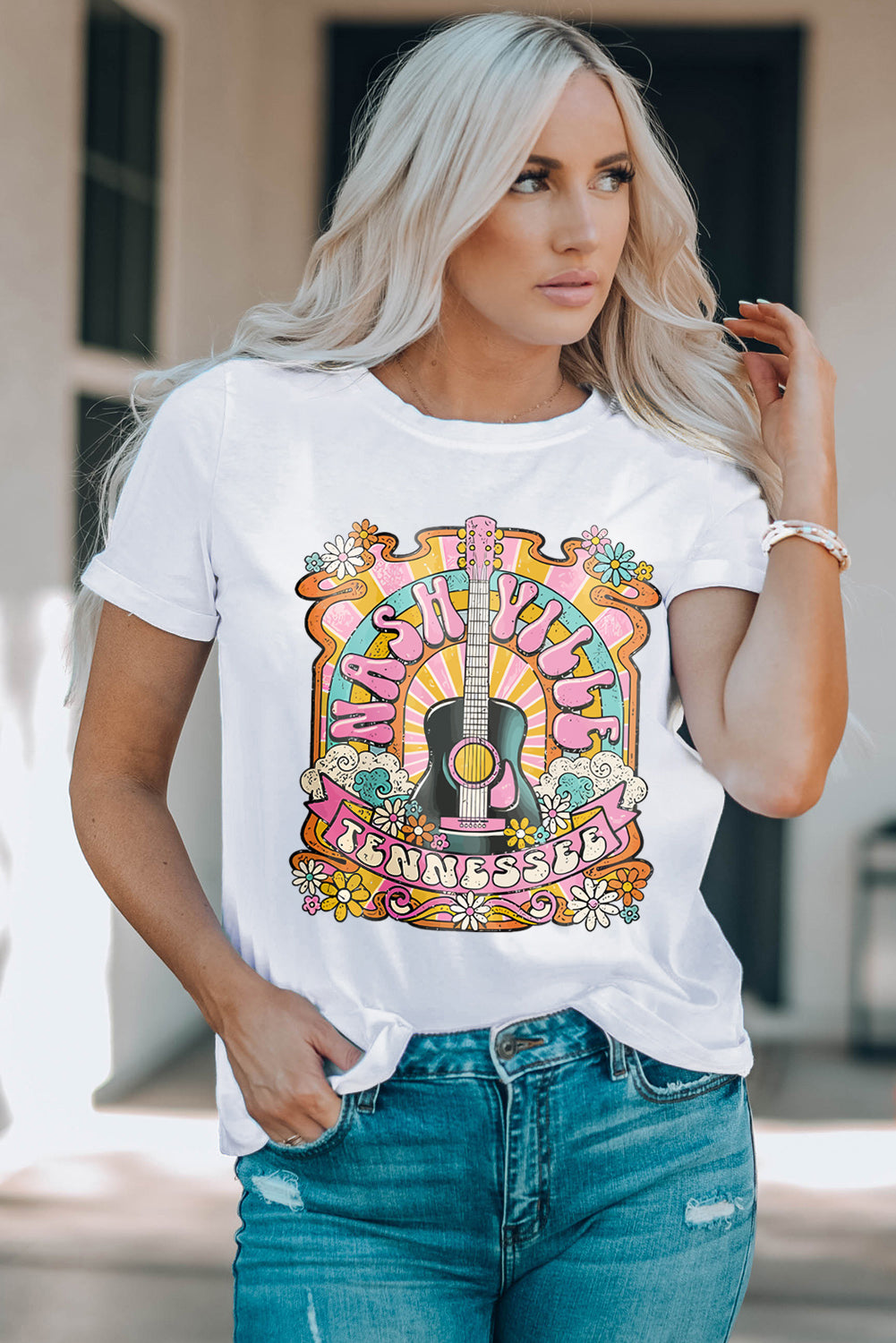 Groovy Nashville Music City Hippie Shirt Retro Guitar Americana Short Sleeve Top