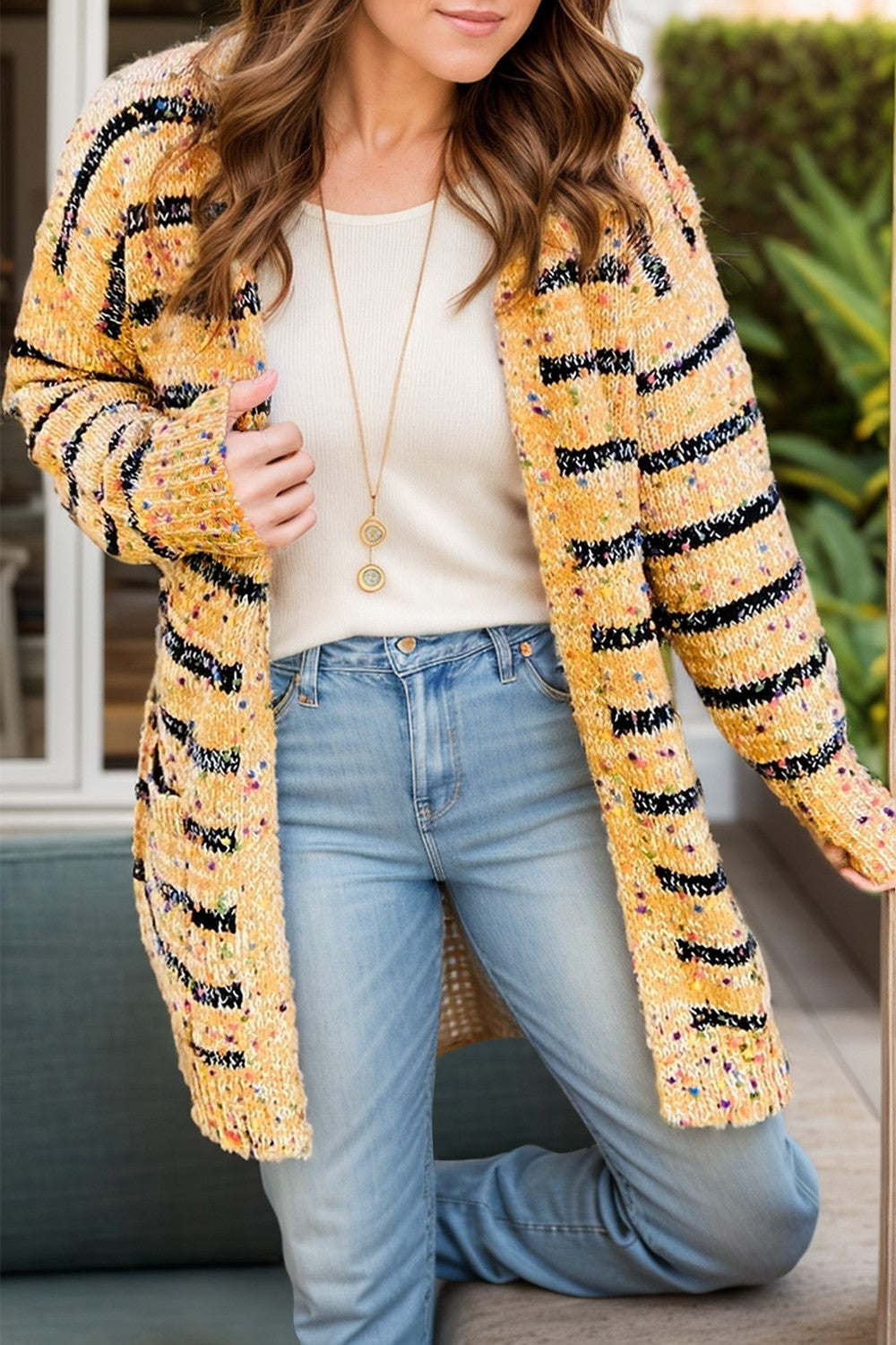 Colorful Popcorn Knit Longline Cardigan Long Sleeve Stripe Pocket Open Front Sweater