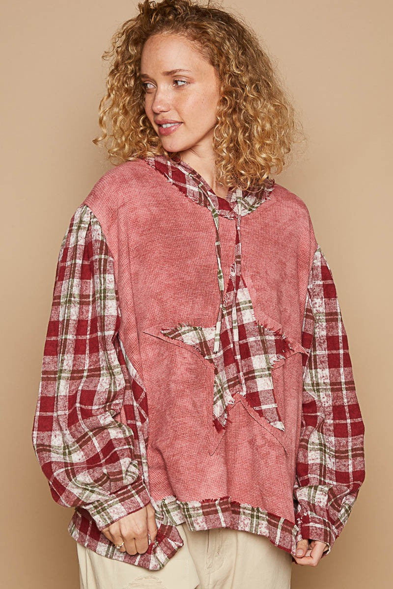 POL Hoodie Waffle Knit Star Patchwork Plaid Pullover Top Oversized Bohemian Shirt