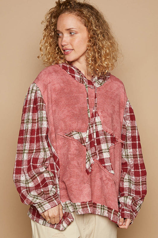 POL Hoodie Waffle Knit Star Patchwork Plaid Pullover Top Oversized Bohemian Shirt
