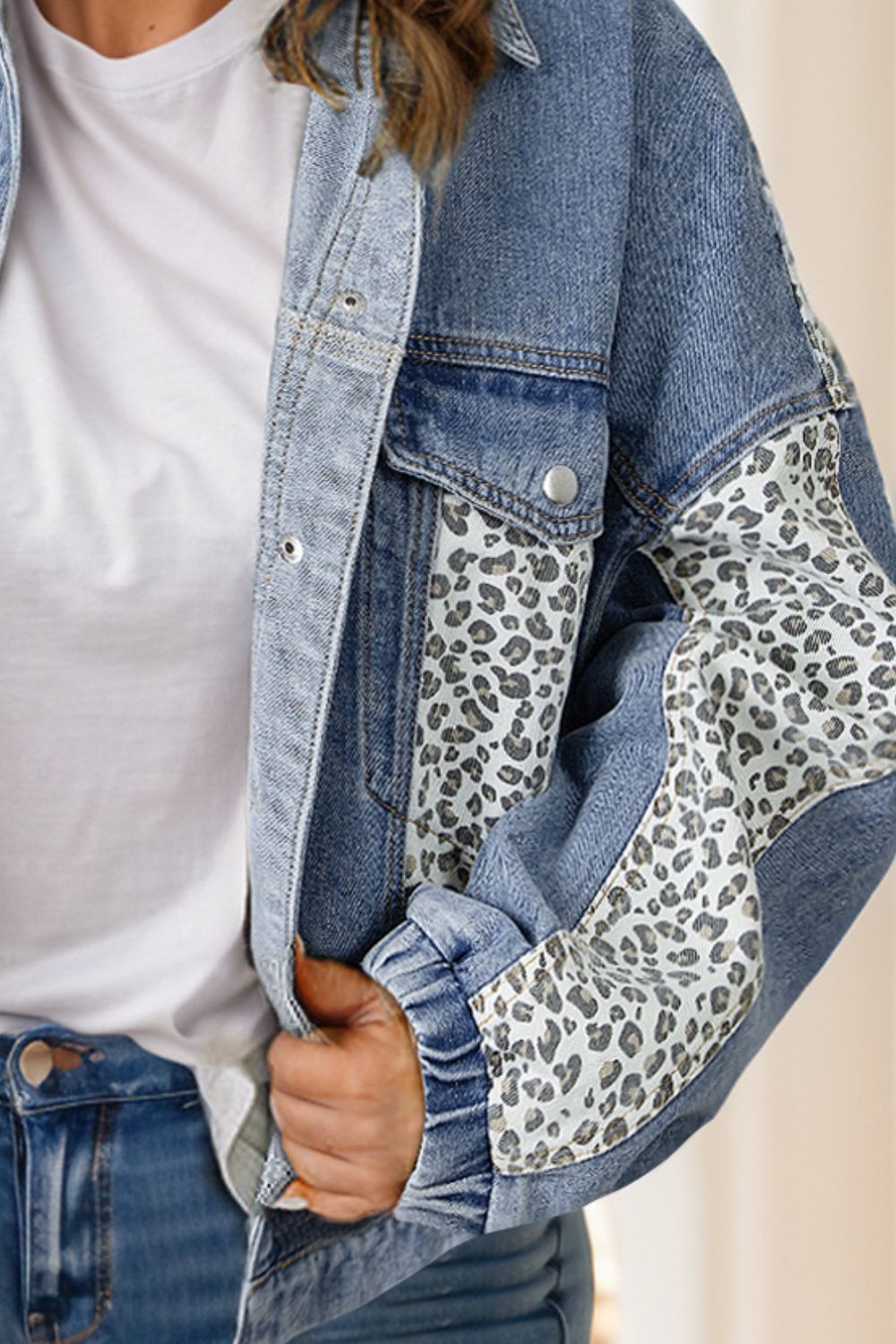 Leopard Print Patchwork Denim Long-sleeve Blue Jean Snap Jacket Plus Size
