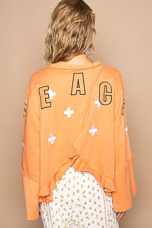 POL Split Back Ruffle Peace Embroidered Floral Shirt Raw Hem Retro Oversized Top