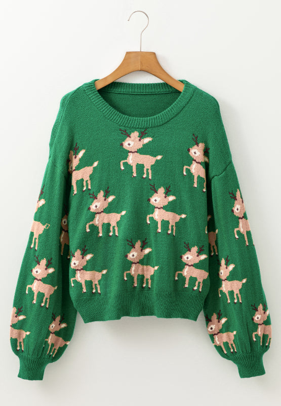 Holiday Reindeer Knit Shirt Round Neck Long Sleeve Pullover Top Christmas Sweater
