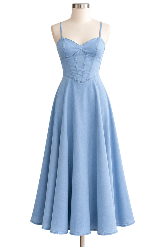 Cotton Sweetheart Neck Princess Seam Sleeveless Chambray Denim Smocked Back Midi Dress