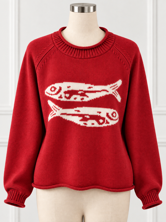 Sardine Fish Nautical Rolled Trim Crew Neck Knit Sweater Long Sleeve Pullover