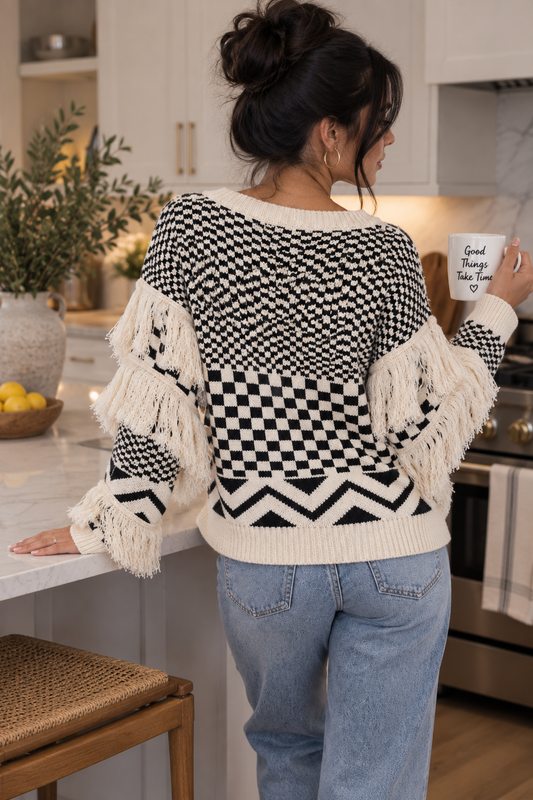 Geometric Retro Fringe Wide Boat V-Neck Knit Sweater Long Sleeve Pullover Top