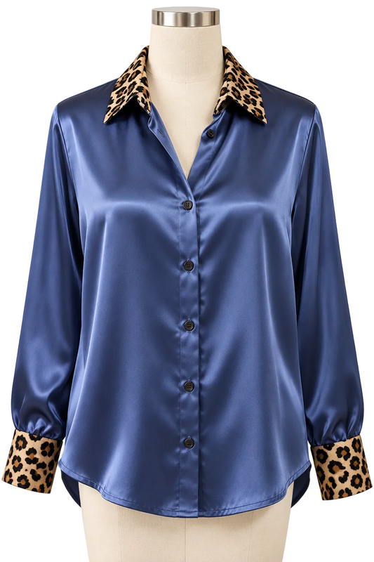 Satin Leopard Print Collar Button-Up Blouse Contrast Cuff Long Sleeve Shirt