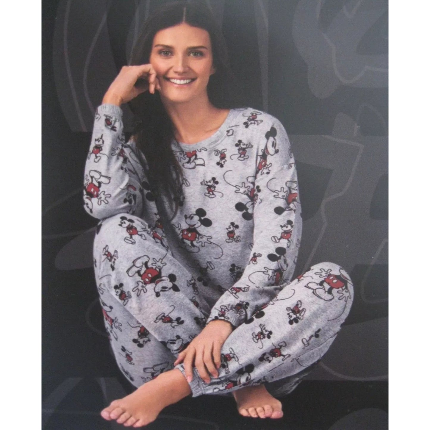 Disney Womens 2 Piece PJs Mickey Mouse Monogram Pajama Set Long Sleeve Top Jogger Elastic Waist Drawstring Pants Sleepwear